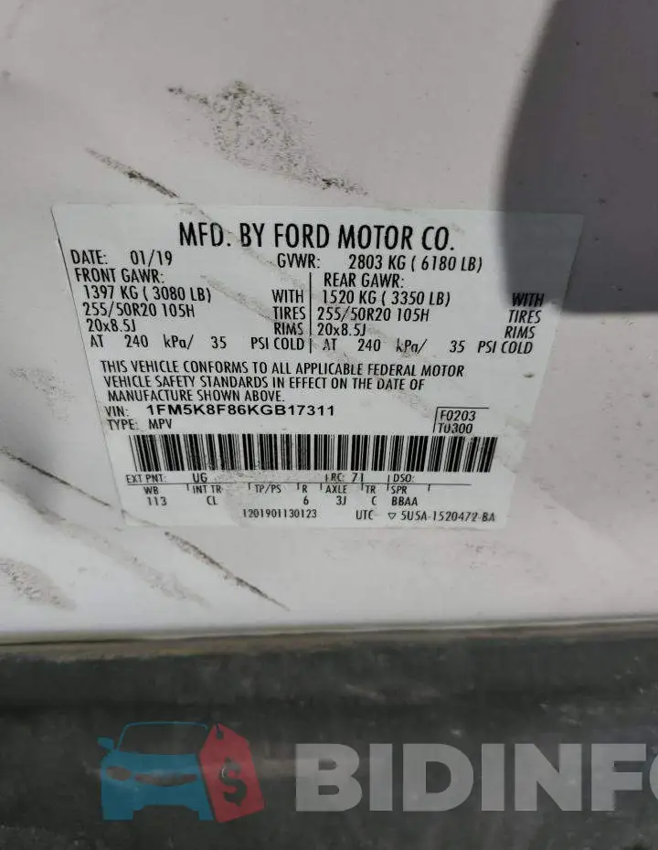 1FM5K8F86KGB17311 Photo# 13