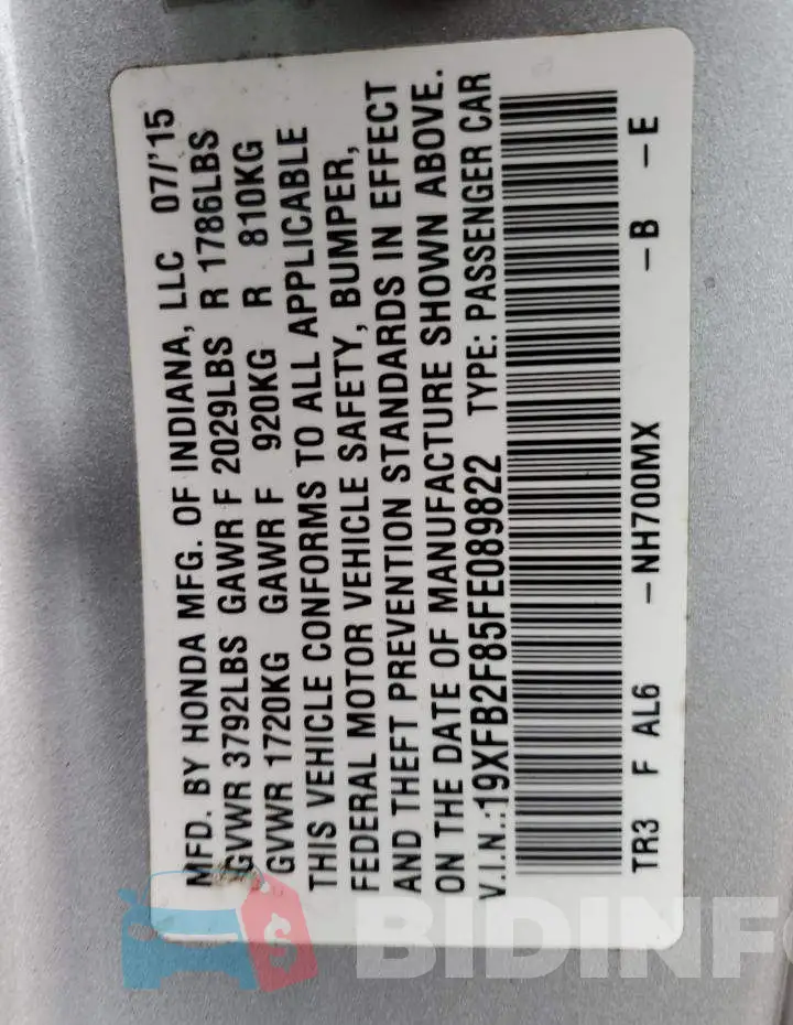 19XFB2F85FE089822 Photo# 12