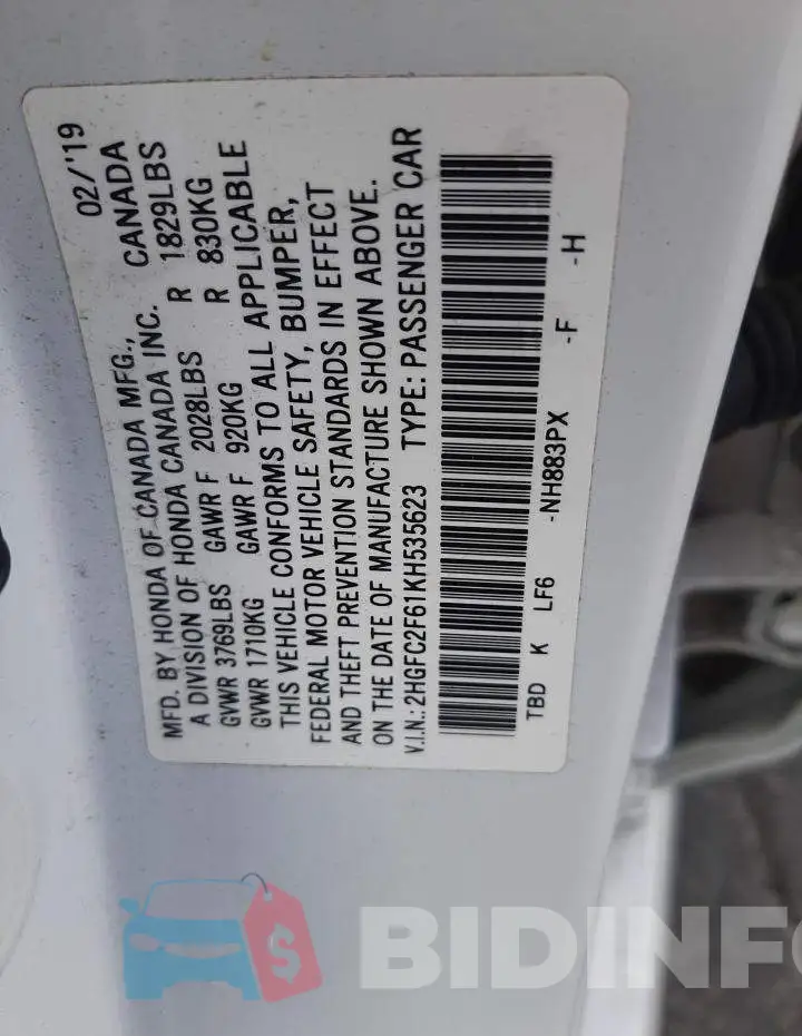 2HGFC2F61KH535623 Photo# 12