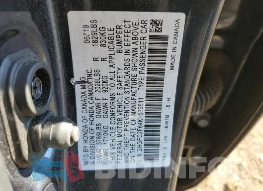 2HGFC2F64KH573511 Photo# 12
