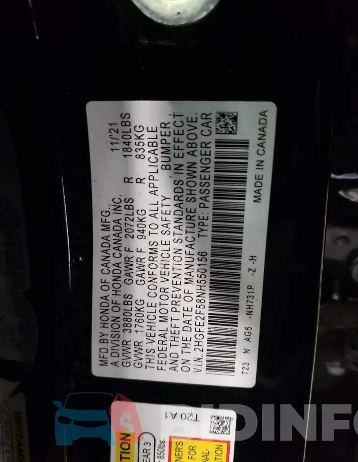 2HGFE2F58NH550156 Photo# 12