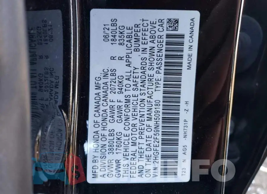 2HGFE2F59NH509180 Photo# 12