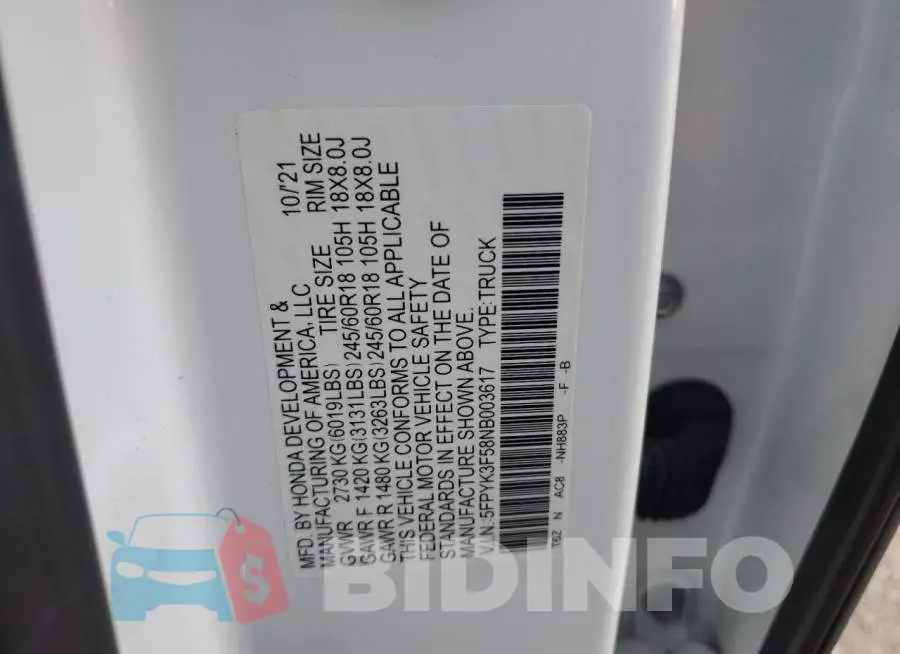 5FPYK3F58NB003617 Photo# 12