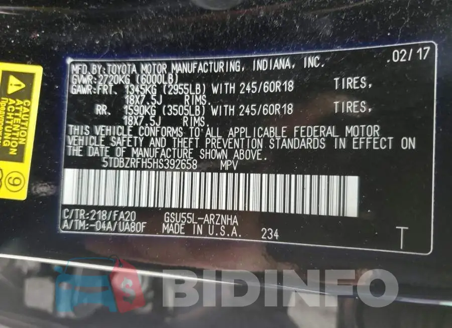 5TDBZRFH5HS392658 Photo# 14