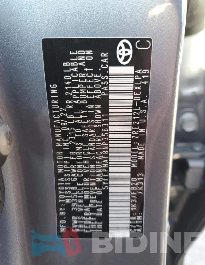 5YFEPMAE8NP356311 Photo# 12