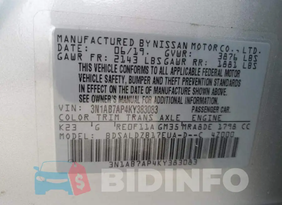 3N1AB7AP4KY383083 Photo# 12