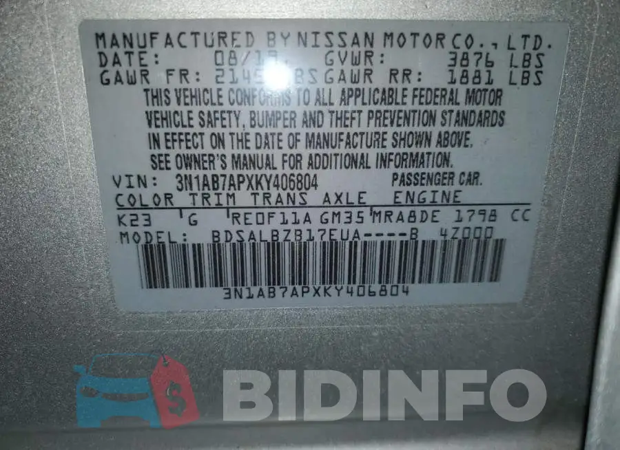 3N1AB7APXKY406804 Photo# 13