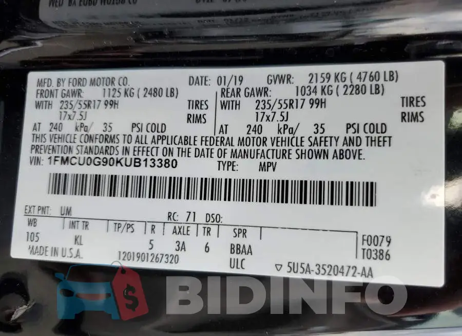 1FMCU0G90KUB13380 Photo# 12