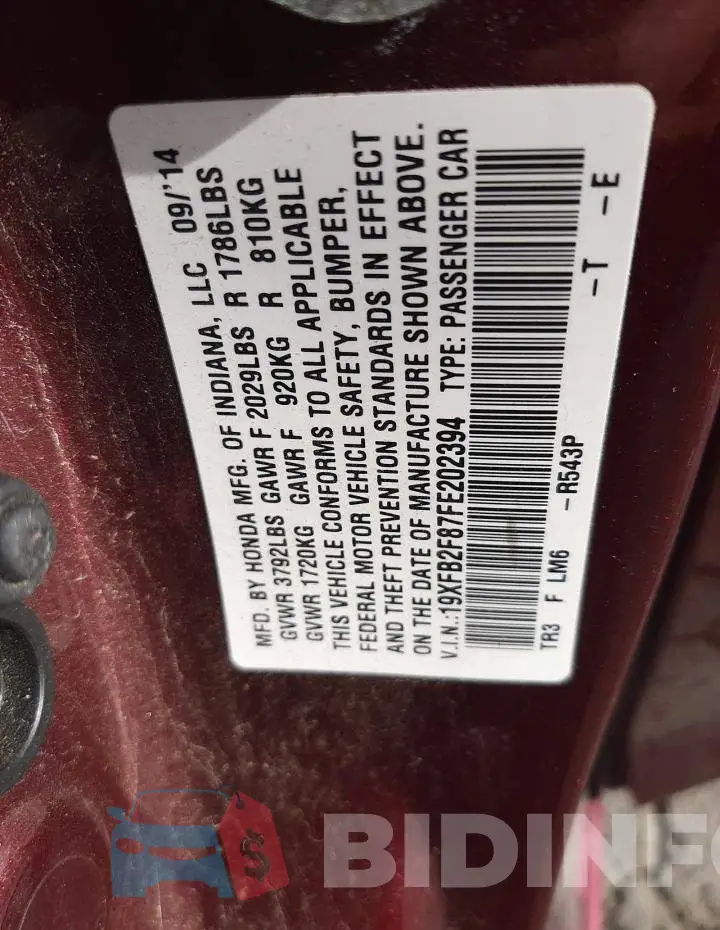 19XFB2F87FE202394 Photo# 13