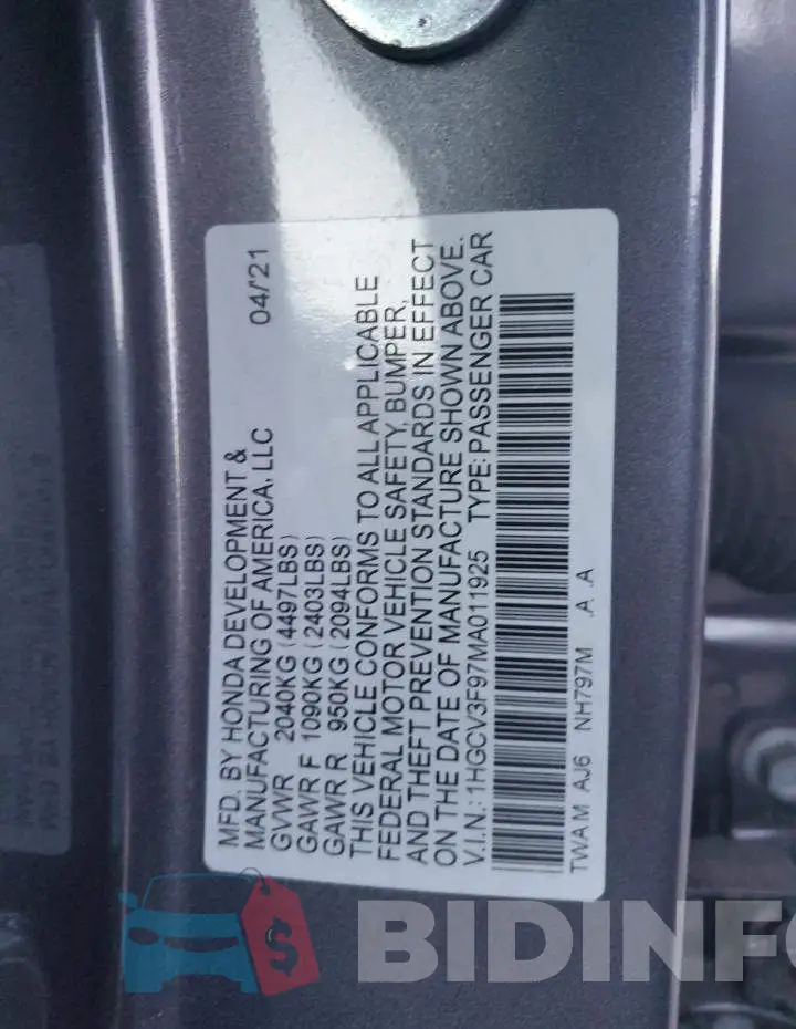 1HGCV3F97MA011925 Photo# 12