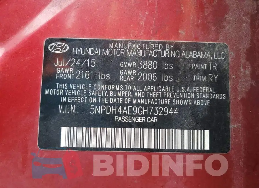 5NPDH4AE9GH732944 Photo# 12