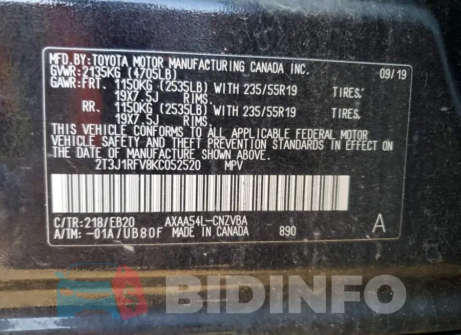 2T3J1RFV8KC052520 Photo# 13