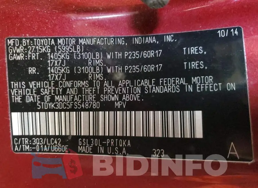 5TDYK3DC5FS548780 Photo# 13