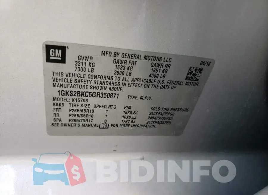 1GKS2BKC5GR350871 Photo# 13