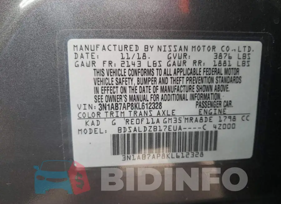 3N1AB7AP8KL612328 Photo# 13