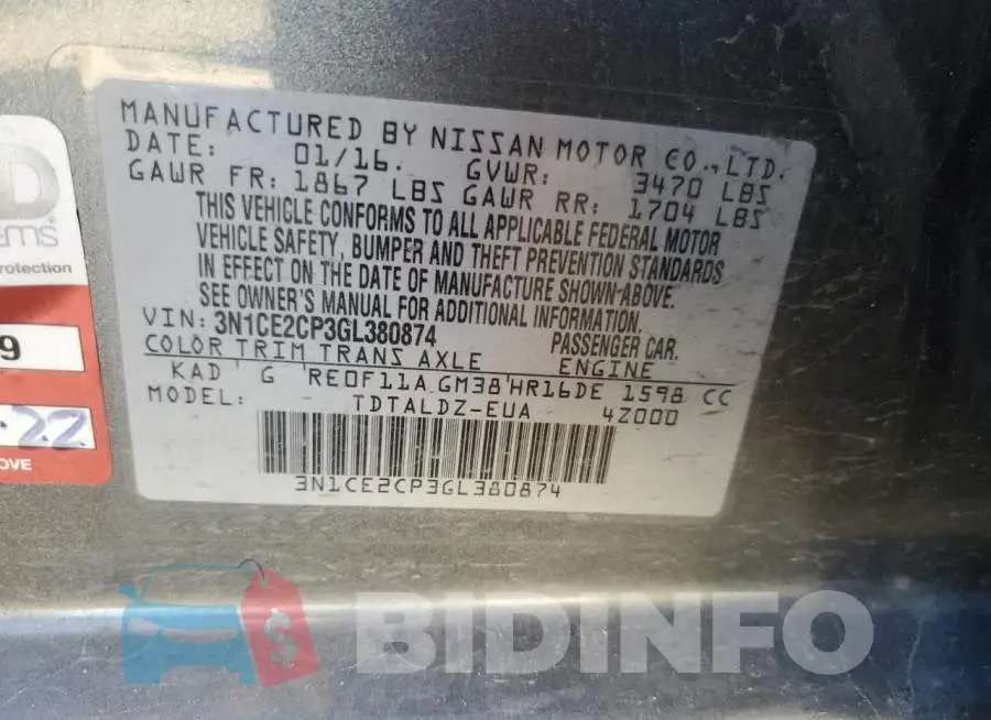 3N1CE2CP3GL380874 Photo# 13