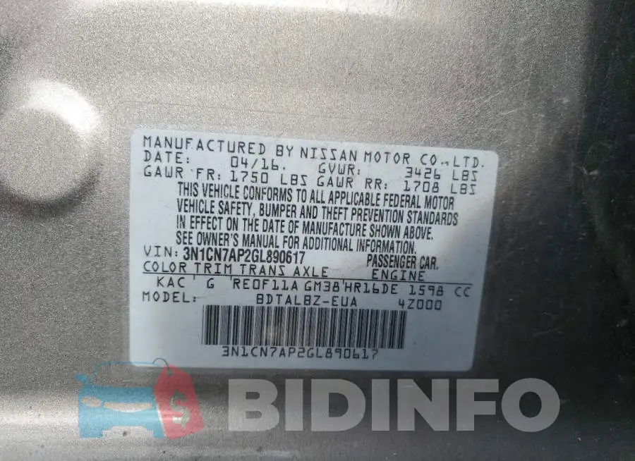3N1CN7AP2GL890617 Photo# 12