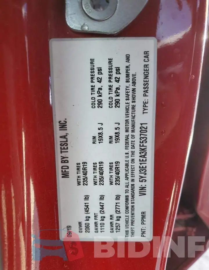 5YJ3E1EA3KF537021 Photo# 10