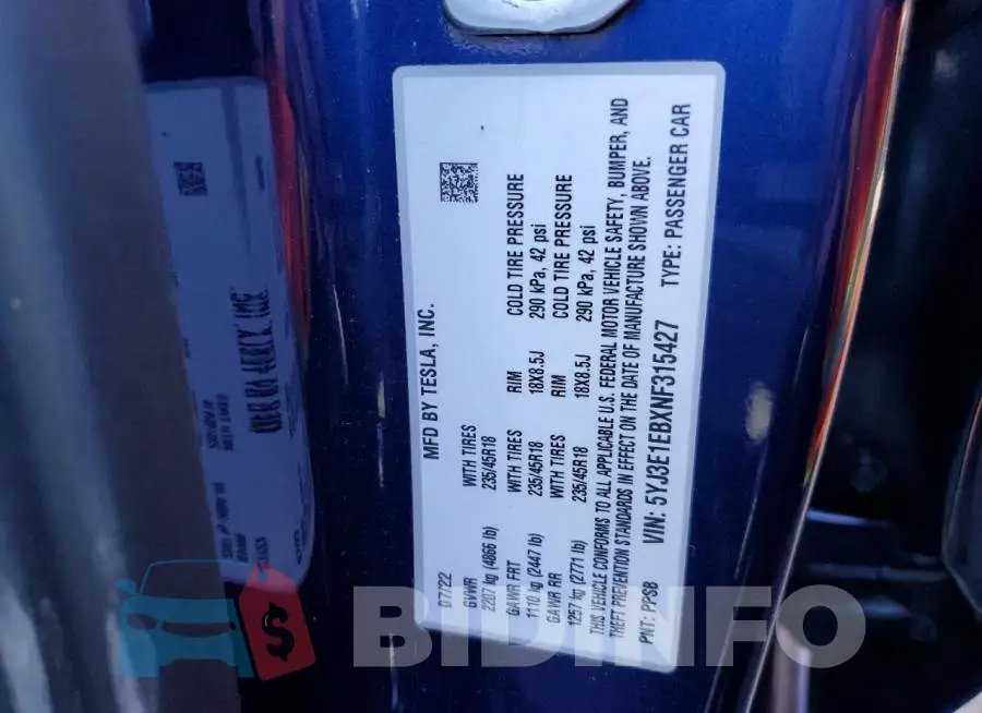 5YJ3E1EBXNF315427 Photo# 12