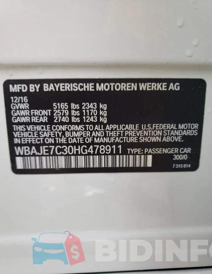 WBAJE7C30HG478911 Photo# 12