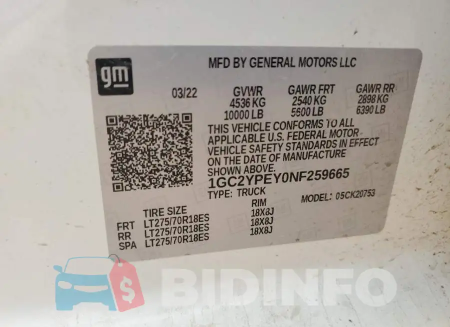 1GC2YPEY0NF259665 Photo# 12