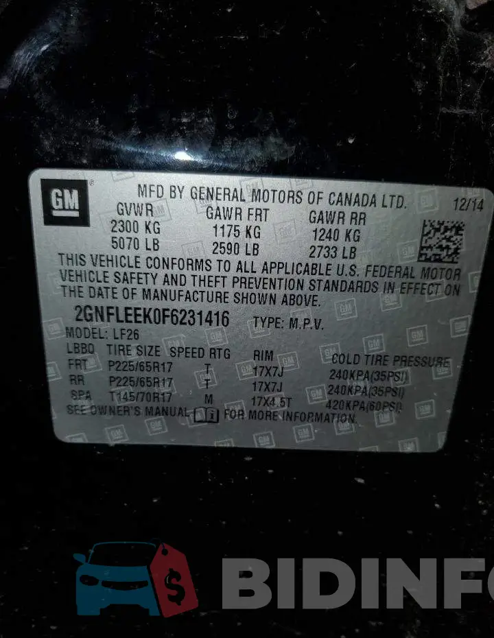 2GNFLEEK0F6231416 Photo# 13