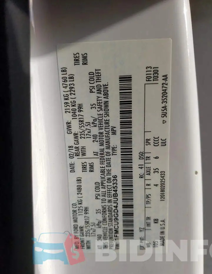 1FMCU9GD4JUB45336 Photo# 14