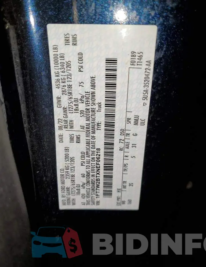 1FT7W2BTXNEF06218 Photo# 12