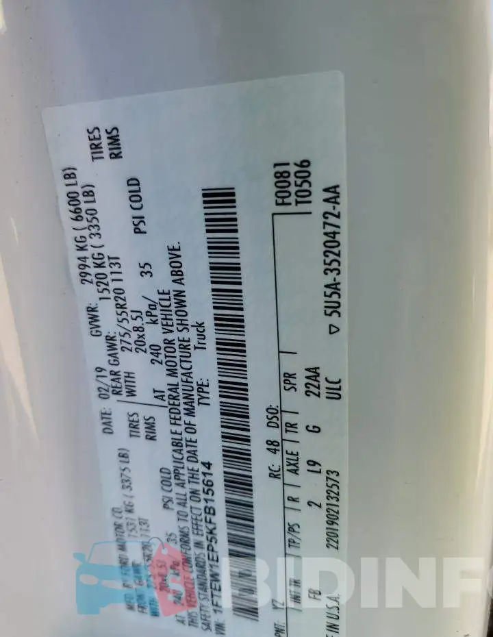 1FTEW1EP5KFB15614 Photo# 12