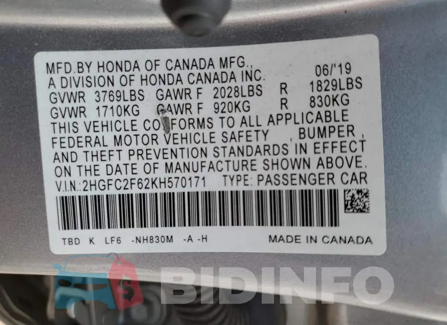2HGFC2F62KH570171 Photo# 12