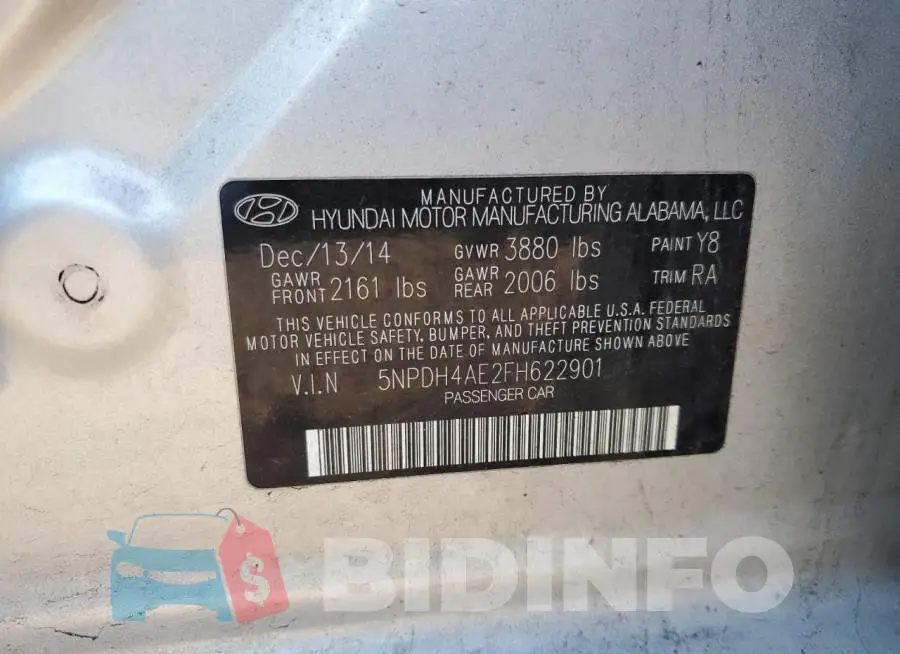 5NPDH4AE2FH622901 Photo# 12