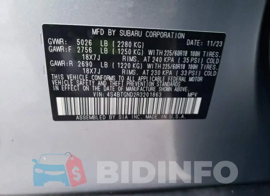 4S4BTGND2R3201863 Photo# 12