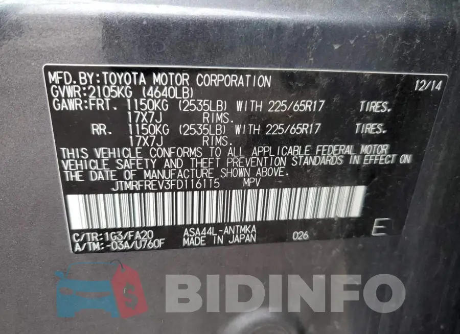 JTMRFREV3FD116115 Photo# 13