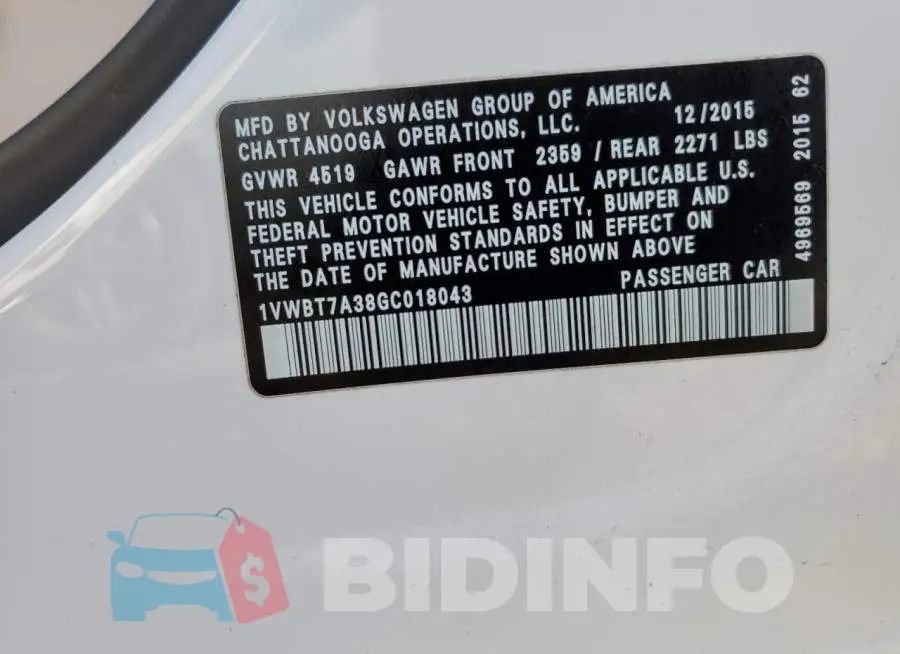 1VWBT7A38GC018043 Photo# 13