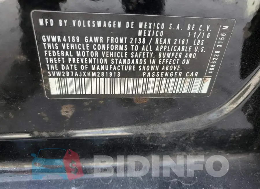 3VW2B7AJXHM281913 Photo# 12