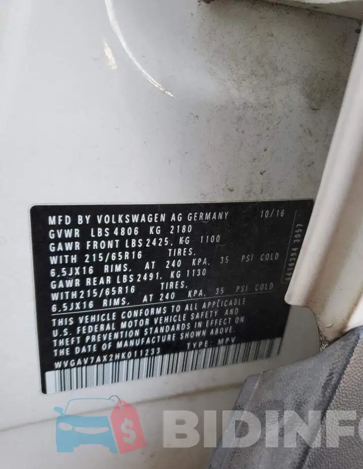 WVGAV7AX2HK011233 Photo# 13