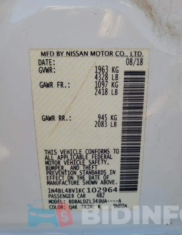 1N4BL4BV1KC102964 Photo# 12