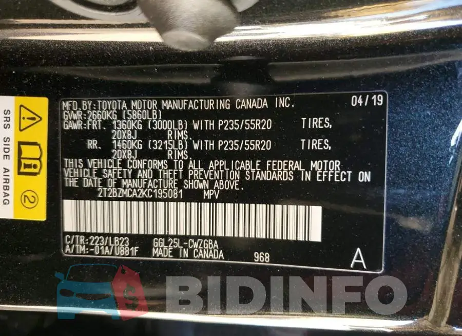 2T2BZMCA2KC195081 Photo# 12
