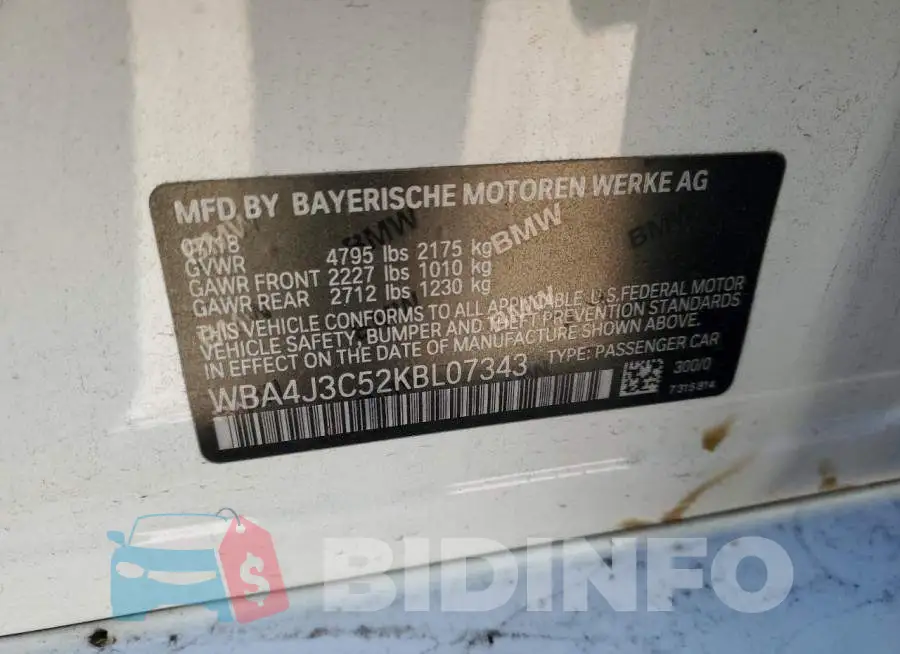 WBA4J3C52KBL07343 Photo# 12