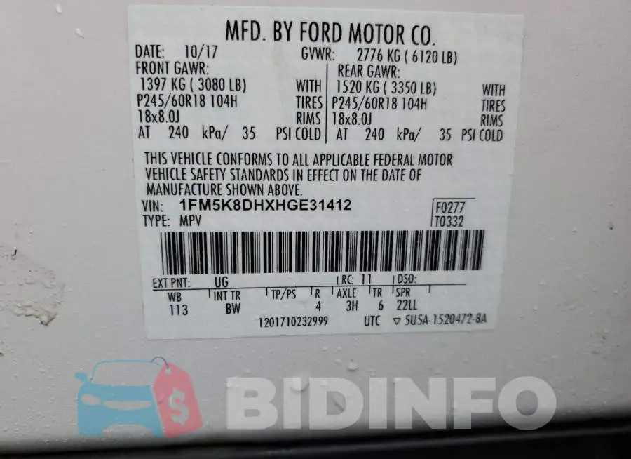 1FM5K8DHXHGE31412 Photo# 14