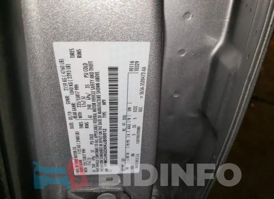 1FMCU9GDXKUB50512 Photo# 12