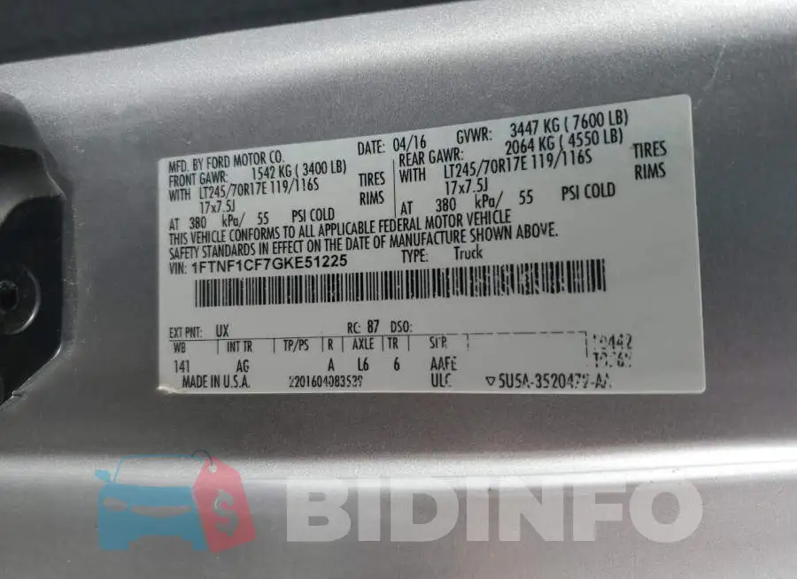 1FTNF1CF7GKE51225 Photo# 12