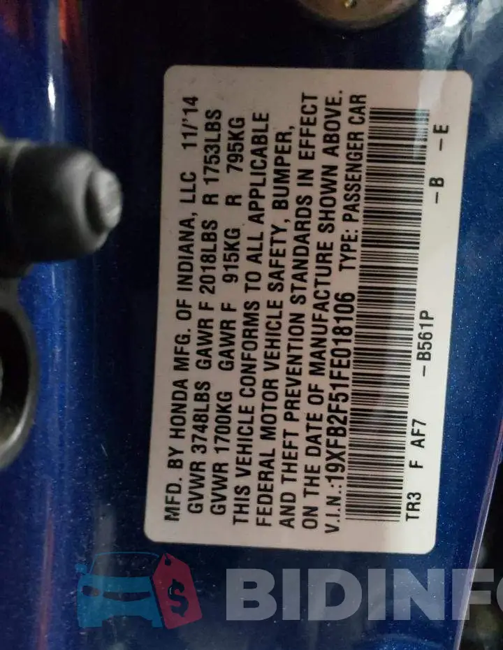 19XFB2F51FE018106 Photo# 13