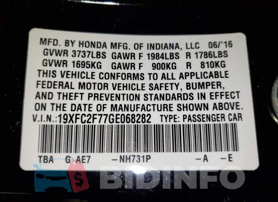19XFC2F77GE068282 Photo# 12