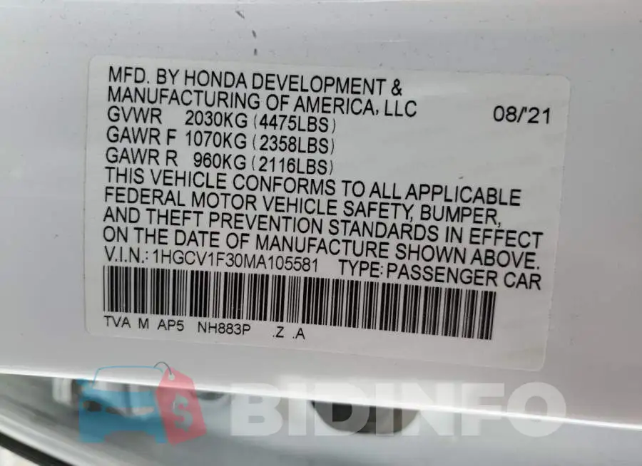 1HGCV1F30MA105581 Photo# 12