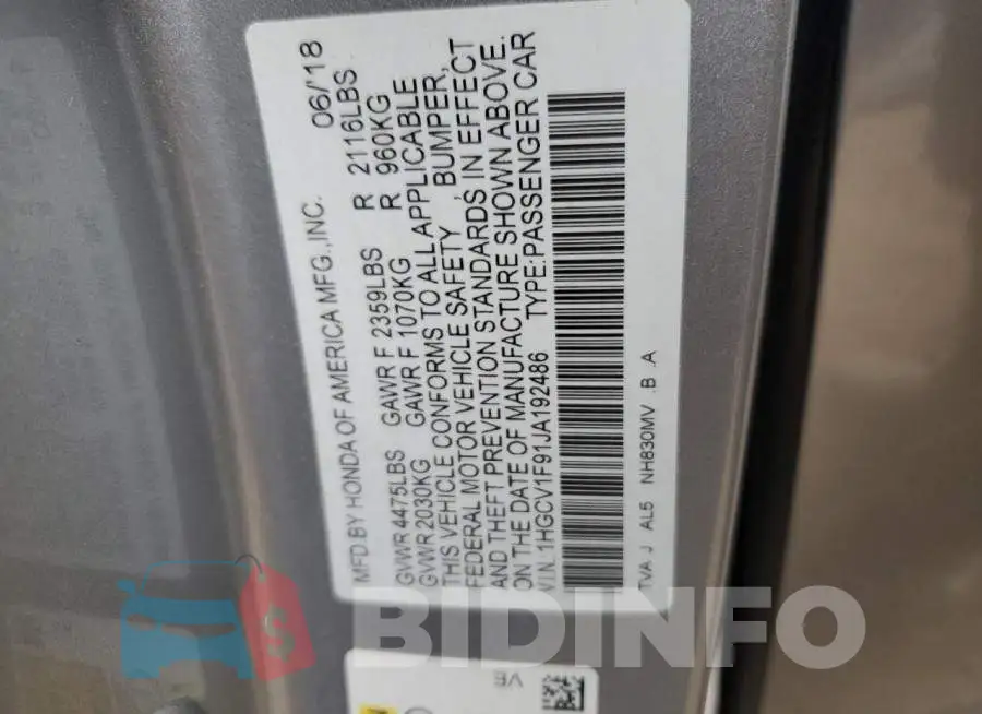 1HGCV1F91JA192486 Photo# 12
