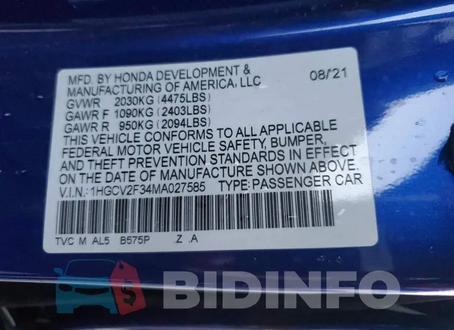 1HGCV2F34MA027585 Photo# 13