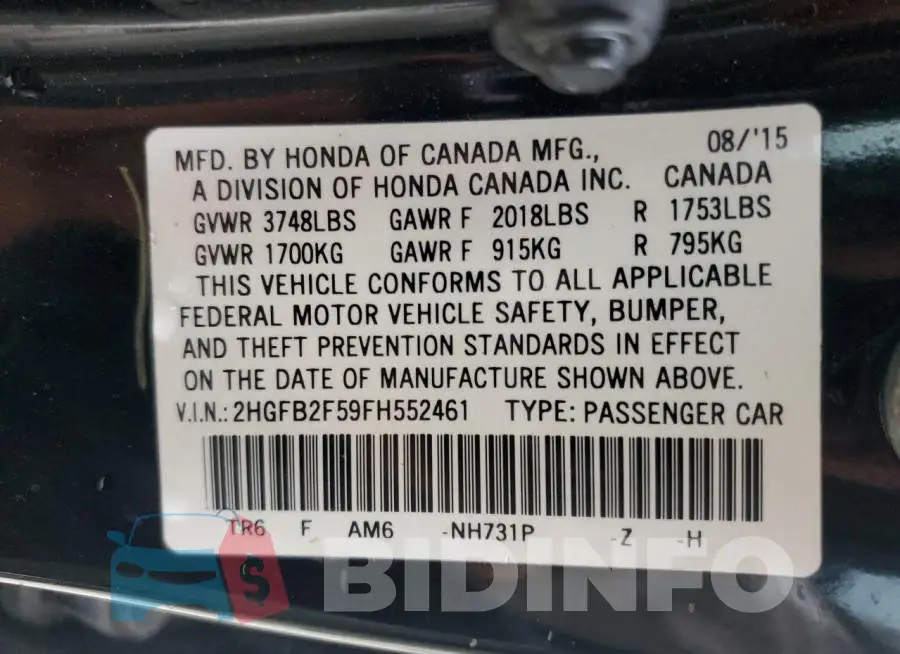 2HGFB2F59FH552461 Photo# 12