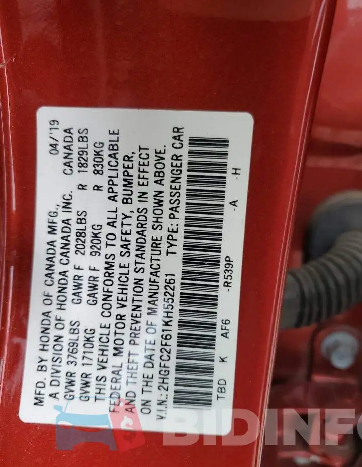 2HGFC2F61KH552261 Photo# 13