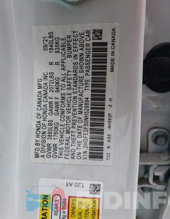 2HGFE2F50NH528894 Photo# 13